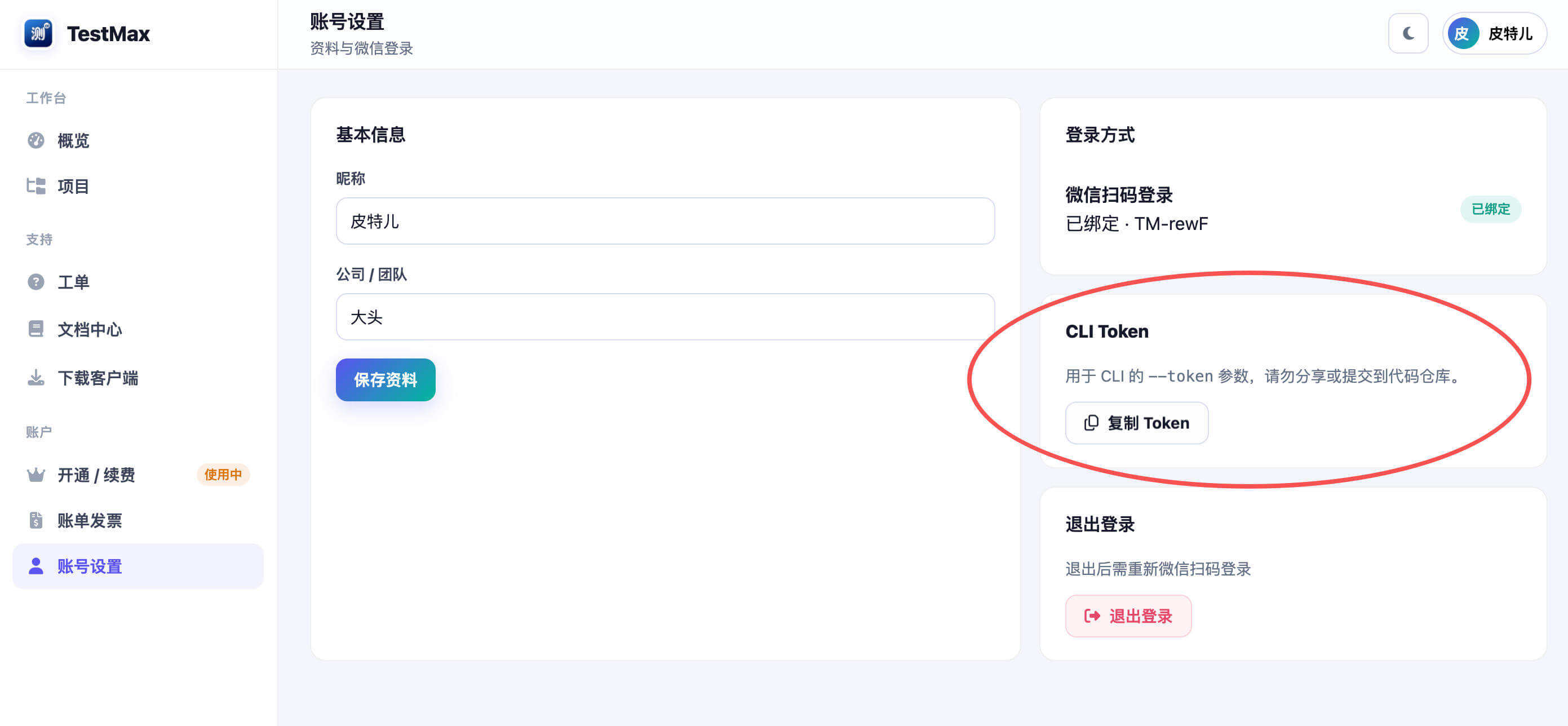 TestMax 账号设置页中的 CLI Token 区域，可点击「复制 Token」